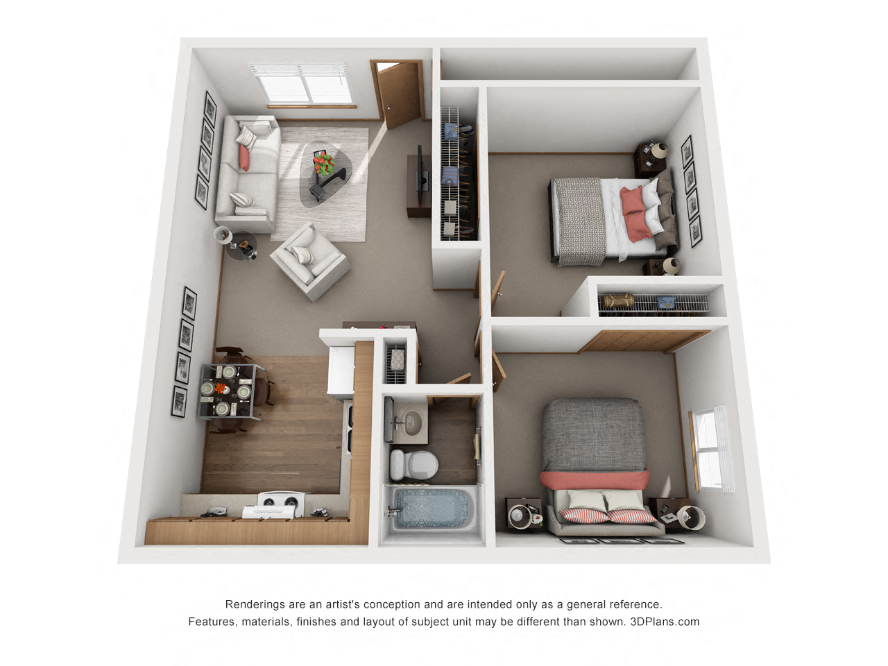 Floor plan for 2 beds, 1 bath, 756 sqft